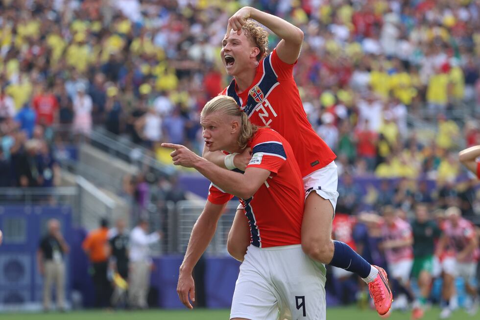 Norway's Erling Haaland (9) celebrates with Andreas Schjelderup (21) after scoring their...