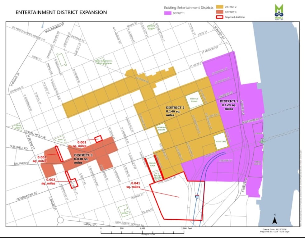 This map shows the existing boundaries of three downtown entertainment districts in Mobile,...