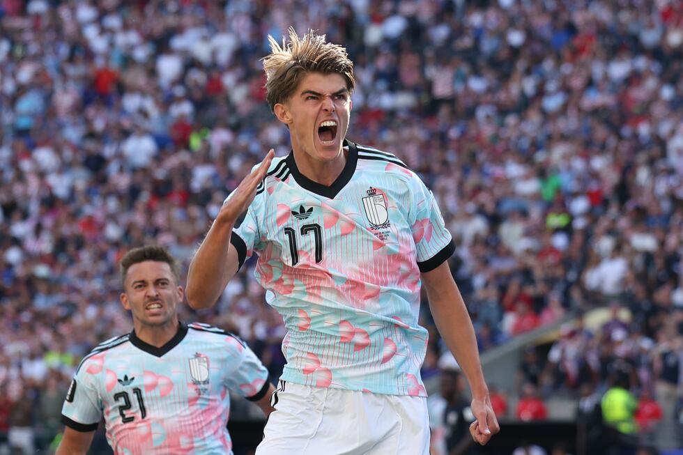 Belgium's Charles De Ketelaere (17) celebrates after scoring his side's opening goal during...