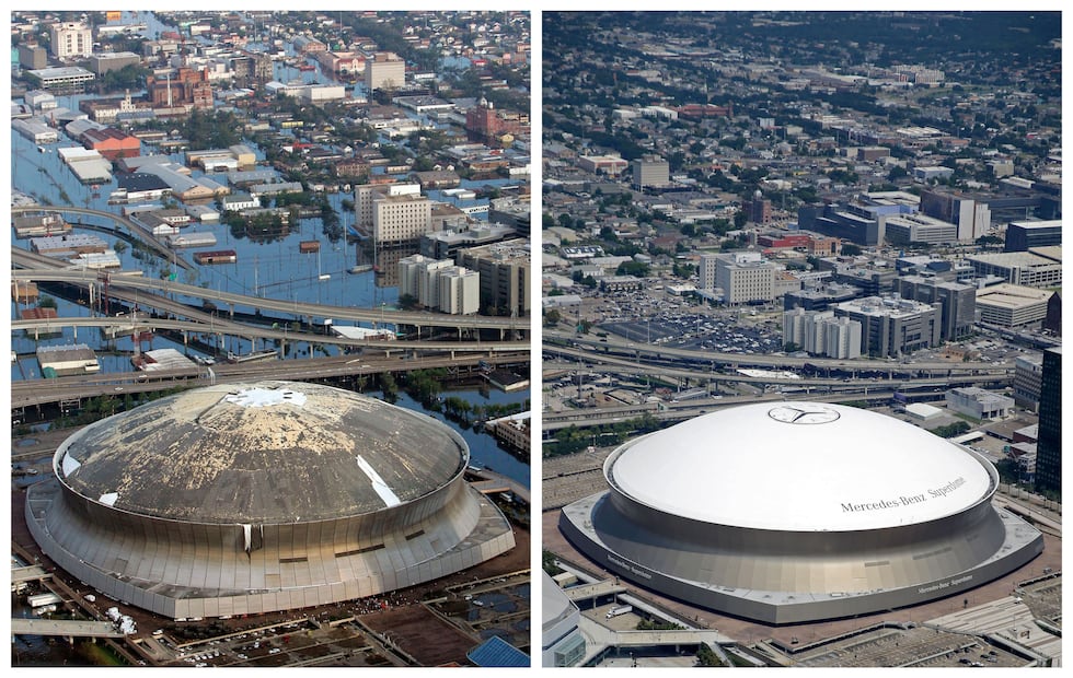 This combination of Aug. 30, 2005 and July 29, 2015 aerial photos shows downtown New Orleans...