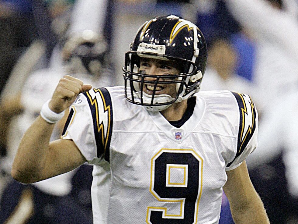Drew Brees, as San Diego Chargers quarterback, reacts to winning game, photo