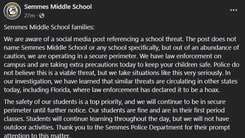 Secured Semes Semmes Middle School operating with ‘secure perimeter’ after social ...