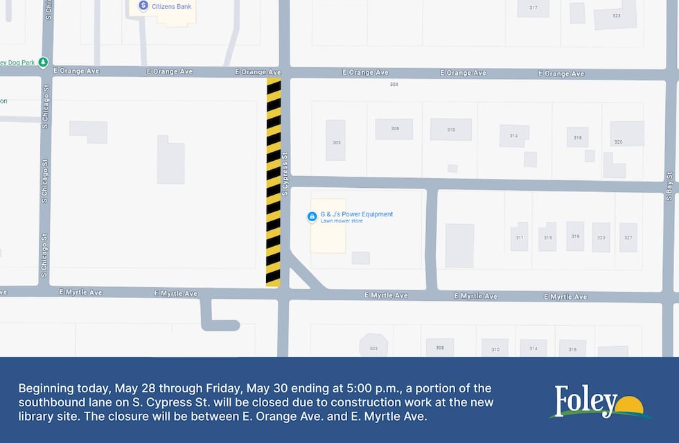 Foley Library Map Part of road in Foley closes for work on new library site