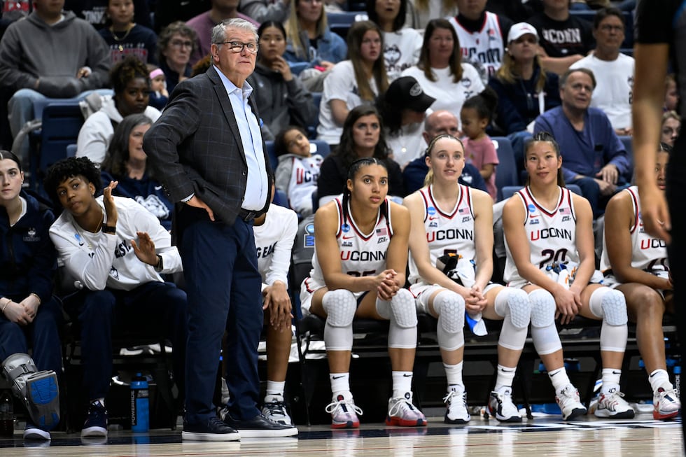 UConn head coach Geno Auriemma watches play during the second half against Arkansas State at...