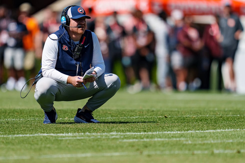 AUBURN, AL - April 14, 2026 - Auburn Head Coach Alex Golesh during spring practice at...